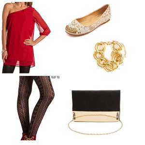 Red, one shoulder dress, tights, champagne flats