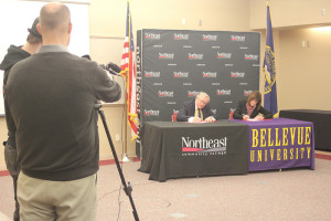 Northeast's Dr. Michael Chipps and Bellevue's Dr. Mary Hawkins sign agreement